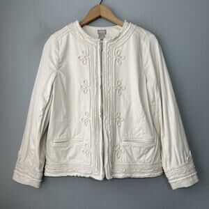 Chicos Jacket 0 Size 4 6 Beige Khaki Military Collarless Soutache Embroidered